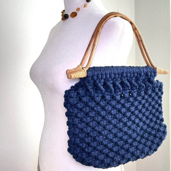 Handmade Handbags - Handmade Bohemian Boho Minimalist Neutral Woven Macrame Shoulder bag Wood Handle